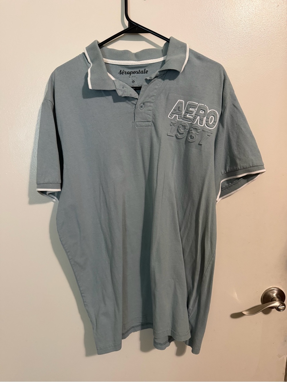 Aeropostale Men's Polo Shirt - Dusty Blue with White Trim